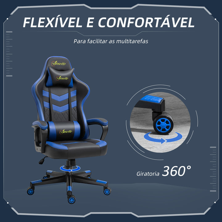Cadeira ergonômica gaming de escritório Altura ajustável basculante com apoio de cabeça giratorio 61x70x121-129 azul