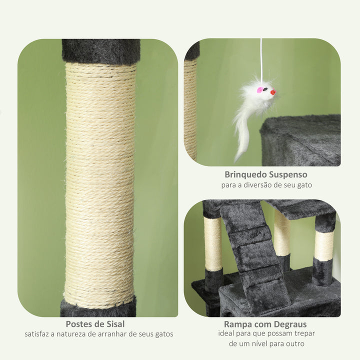 Arranhador para Gatos Grande 49x49x173 cm com Múltiplos Níveis Cavernas Brinquedos Suspensos Centro de Atividades de Sisal Cinza
