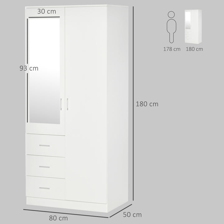 Armário Roupeiro de 2 Portas com Espelho 3 Gavetas Prateleiras Ajustáveis e Barra para Pendurar Incluida Roupeiro para Dormitório 80x50x180cm Branco