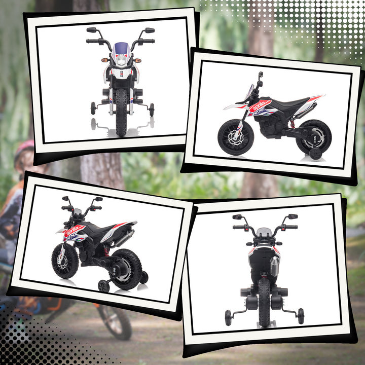 Mota Elétrica Infantil com Licença Oficial Aprilia 12V 25W Rodas de Apoio Removíveis Farol Música Porta USB e Amortecedor Traseiro Branco