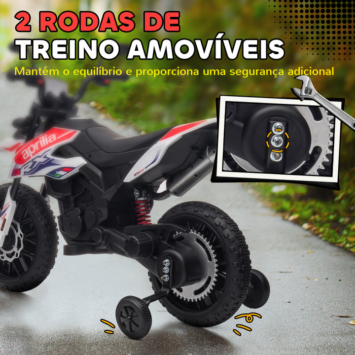 Mota Elétrica Infantil com Licença Oficial Aprilia 12V 25W Rodas de Apoio Removíveis Farol Música Porta USB e Amortecedor Traseiro Branco
