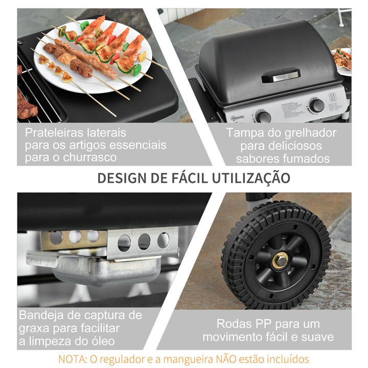 Barbecue a Gás com 2 Queimadores 2,8 KW Barbecue a Gás com 2 Rodas 2 Mesas Laterais e Grelhas de Aço para Piquenique Campismo 104x49x99 cm Preto