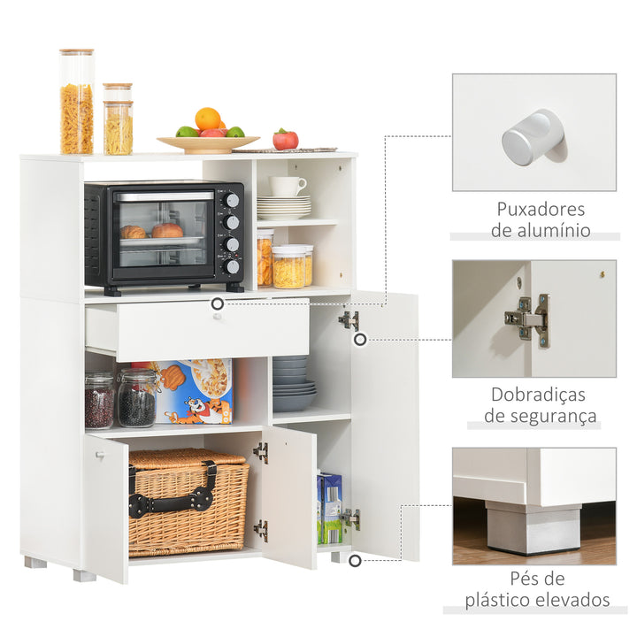 Aparador Auxiliar para Microondas Buffet de Cozinha com 2 Armários com Portas 1 Gaveta e Prateleiras de Armazenamento 90x40x120cm Branco