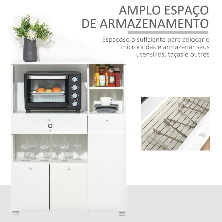 Aparador Auxiliar para Microondas Buffet de Cozinha com 2 Armários com Portas 1 Gaveta e Prateleiras de Armazenamento 90x40x120cm Branco