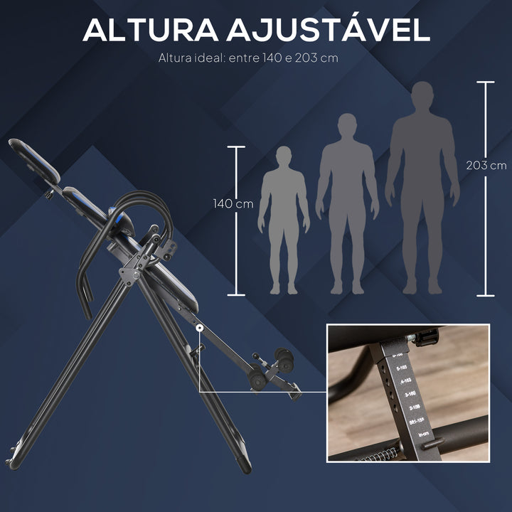 Mesa de Inversão Dobrável com Rodas Banco de Inversão Ajustável em Altura e Ângulo com Apoio Lombar para Aliviar as Costas Capacidade 110 kg Aço 32x71x145 cm Preto e Azul