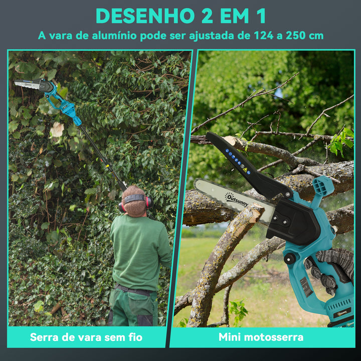 Mini Motosserra a Bateria 8 Polegadas 6000mAh Motosserra Elétrica com Motor sem Escovas de 580W 2 Baterias Mastro Telescópico e Bloqueio Duplo para Podar Árvores de Jardinagem e Madeira