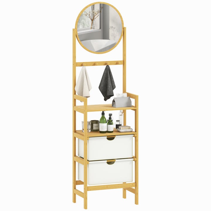 Estante de Casa de Banho em Bambu com Espelho Estante de Arrumação com 4 Ganchos 2 Prateleiras Abertas e 2 Gavetas de Tecido para Cozinha Casa de Banho Sala de Estar 48,5x30x170 cm Madeira
