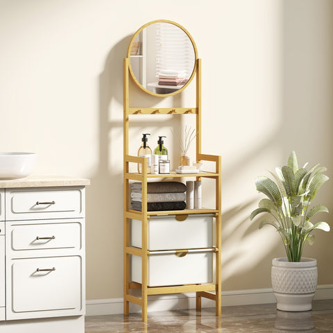 Estante de Casa de Banho em Bambu com Espelho Estante de Arrumação com 4 Ganchos 2 Prateleiras Abertas e 2 Gavetas de Tecido para Cozinha Casa de Banho Sala de Estar 48,5x30x170 cm Madeira