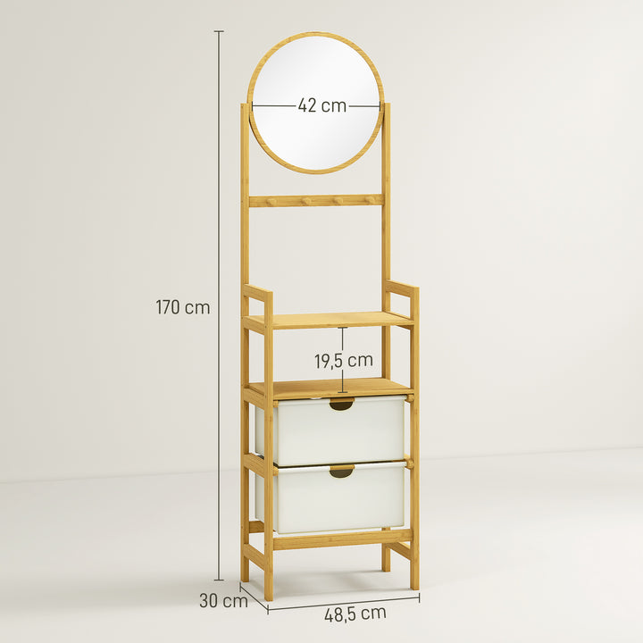 Estante de Casa de Banho em Bambu com Espelho Estante de Arrumação com 4 Ganchos 2 Prateleiras Abertas e 2 Gavetas de Tecido para Cozinha Casa de Banho Sala de Estar 48,5x30x170 cm Madeira