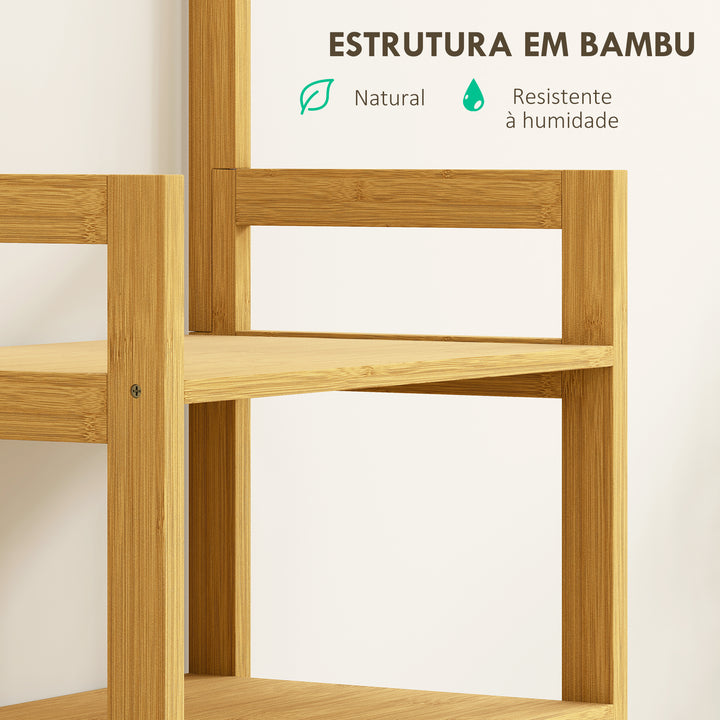 Estante de Casa de Banho em Bambu com Espelho Estante de Arrumação com 4 Ganchos 2 Prateleiras Abertas e 2 Gavetas de Tecido para Cozinha Casa de Banho Sala de Estar 48,5x30x170 cm Madeira