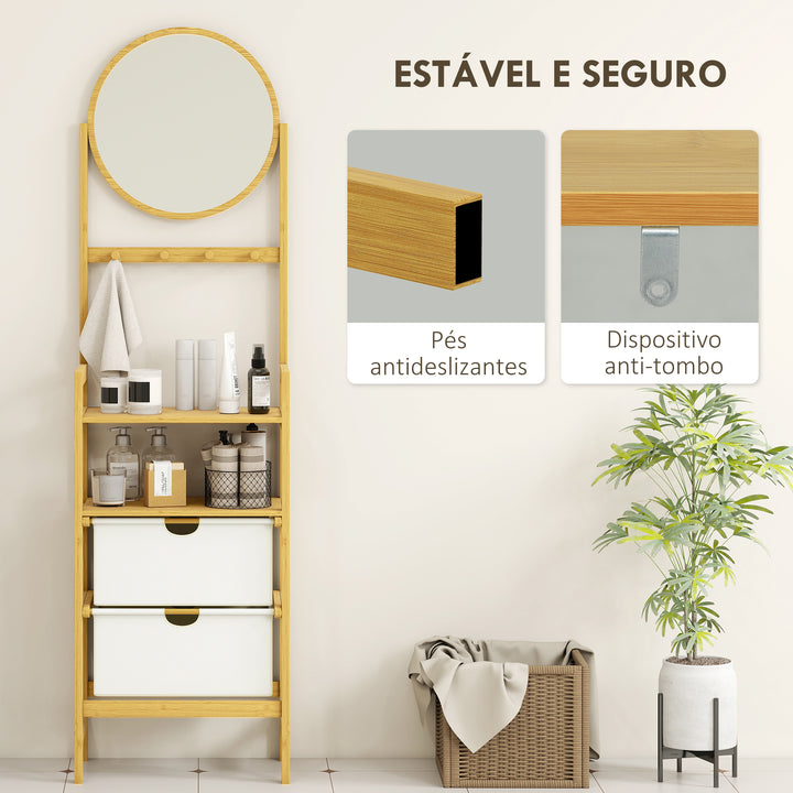 Estante de Casa de Banho em Bambu com Espelho Estante de Arrumação com 4 Ganchos 2 Prateleiras Abertas e 2 Gavetas de Tecido para Cozinha Casa de Banho Sala de Estar 48,5x30x170 cm Madeira