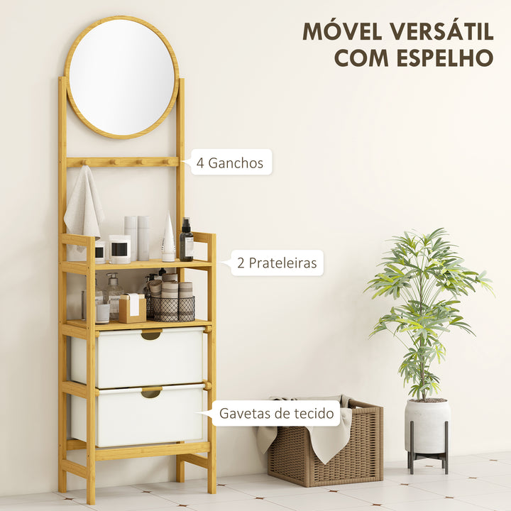 Estante de Casa de Banho em Bambu com Espelho Estante de Arrumação com 4 Ganchos 2 Prateleiras Abertas e 2 Gavetas de Tecido para Cozinha Casa de Banho Sala de Estar 48,5x30x170 cm Madeira
