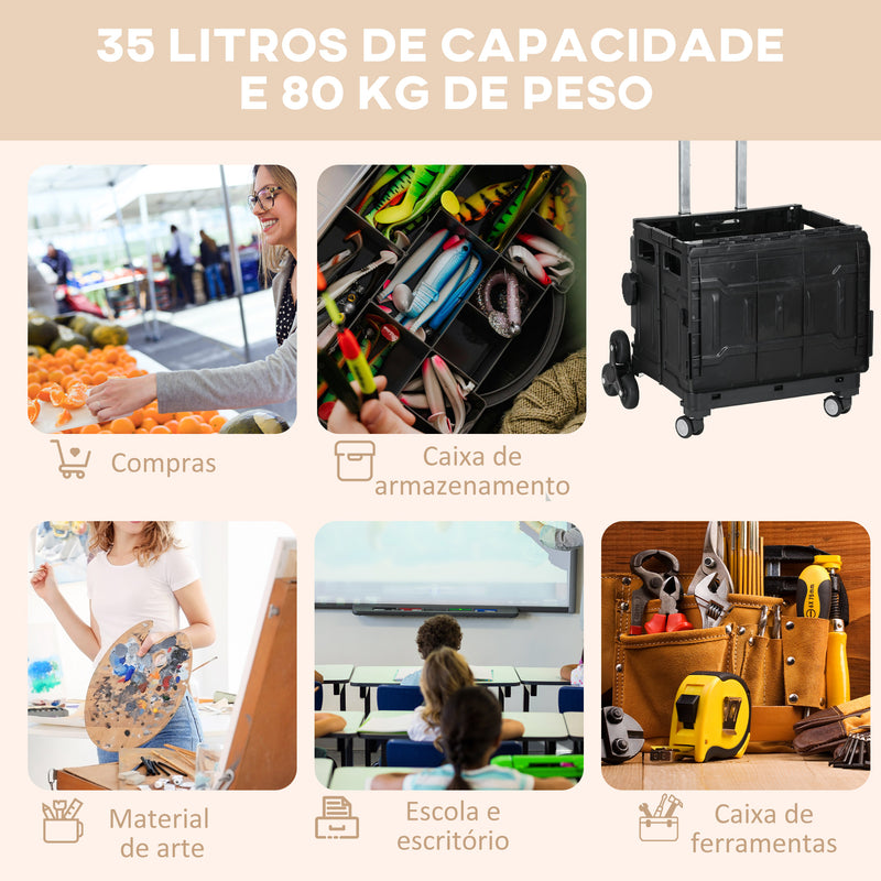 Carrinho de Armazenamento Dobrável Carrinho de Compras com 2 Rodas para Subir Escadas 2 Rodas Universais Ângulo e Comprimento da Pega Ajustáveis Capacidade 35L 48x43x95 cm Preto