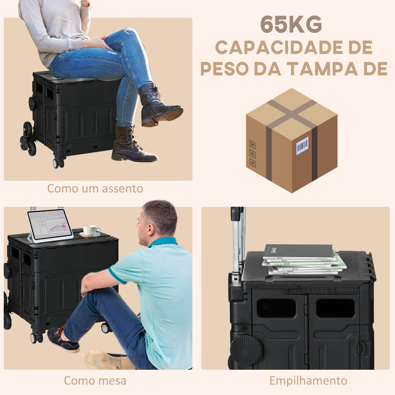 Carrinho de Armazenamento Dobrável Carrinho de Compras com 2 Rodas para Subir Escadas 2 Rodas Universais Ângulo e Comprimento da Pega Ajustáveis Capacidade 35L 48x43x95 cm Preto