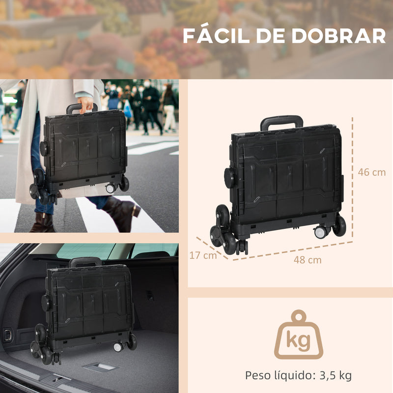 Carrinho de Armazenamento Dobrável Carrinho de Compras com 2 Rodas para Subir Escadas 2 Rodas Universais Ângulo e Comprimento da Pega Ajustáveis Capacidade 35L 48x43x95 cm Preto