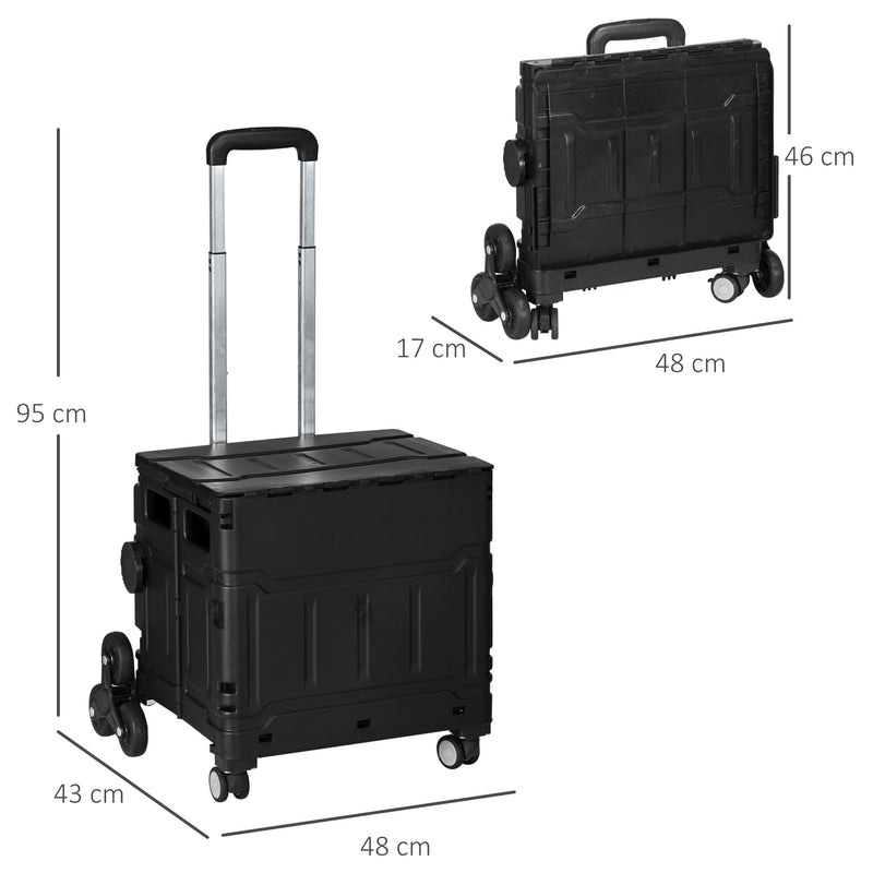 Carrinho de Armazenamento Dobrável Carrinho de Compras com 2 Rodas para Subir Escadas 2 Rodas Universais Ângulo e Comprimento da Pega Ajustáveis Capacidade 35L 48x43x95 cm Preto