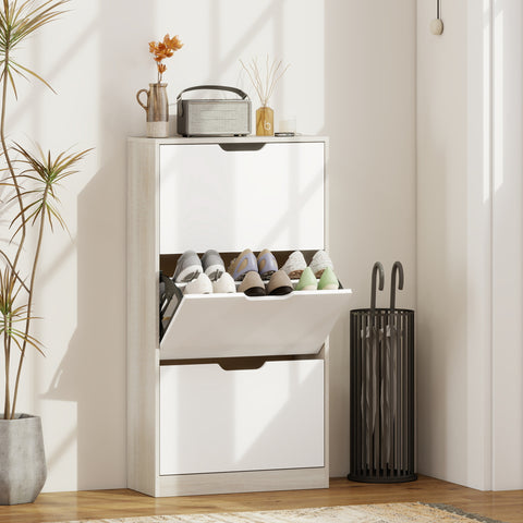 Sapateira de Madeira com 3 Compartimentos Abatíveis e Prateleiras de Armazenamento com Capacidade para 12 Pares de Sapatos para Entrada Corredor Dormitório 62,5x26x117,5 cm Branco e Madeira