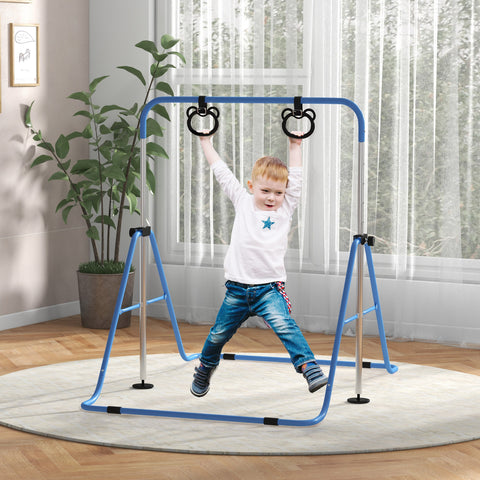 Barra de Ginástica para Crianças com Altura Ajustável em 5 Níveis e Anéis Barra de Treino de Ginástica Dobrável 148x105x88-128 cm Azul