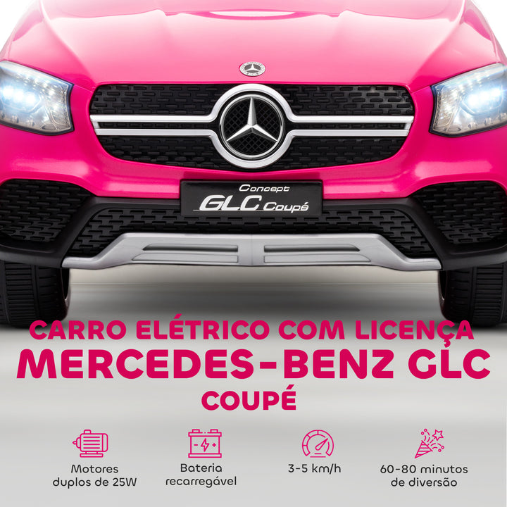 Carro Elétrico para Crianças, Mercedes-Benz GLC Coupé, Carro de Bateria 12V, com Controlo Remoto 2,4 G, Motor Duplo, MP3, Buzina e Faróis LED, para Crianças dos 3 aos 6 Anos, Rosa