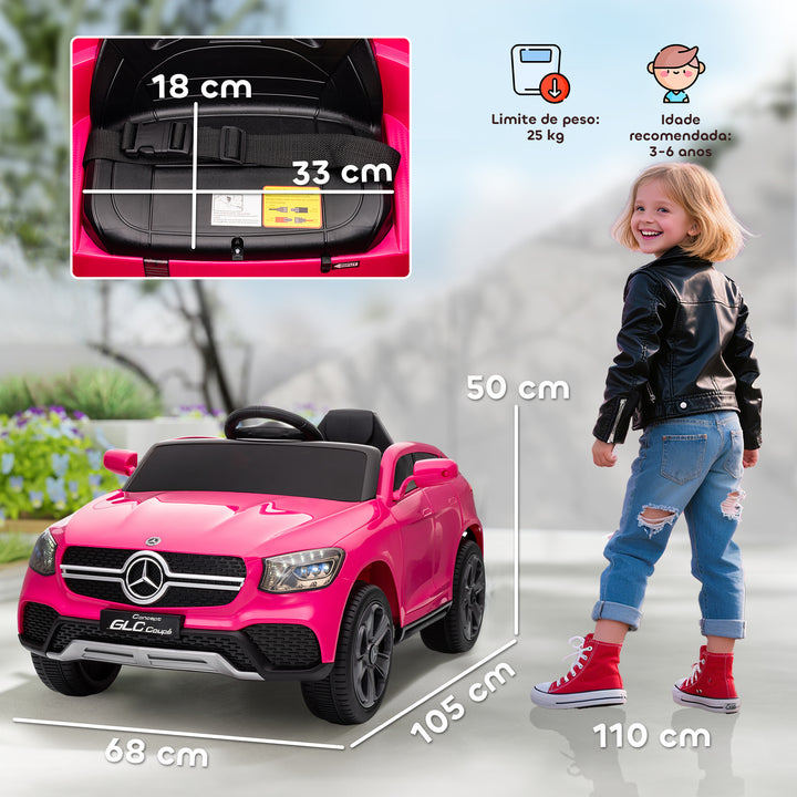 Carro Elétrico para Crianças, Mercedes-Benz GLC Coupé, Carro de Bateria 12V, com Controlo Remoto 2,4 G, Motor Duplo, MP3, Buzina e Faróis LED, para Crianças dos 3 aos 6 Anos, Rosa