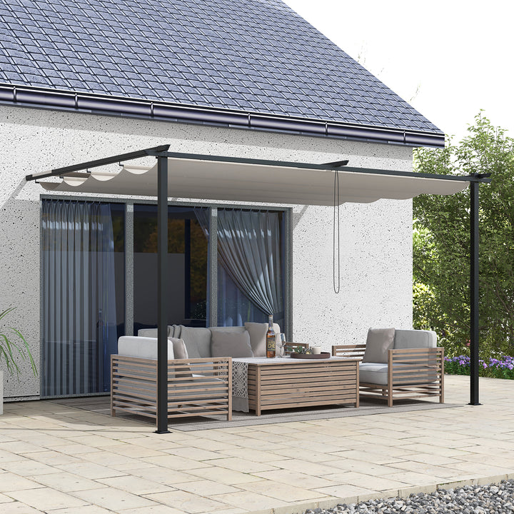 Pérgola de Parede de Jardim 3,9x2,9 m Pérgola com Teto Retrátil Tecido de Poliéster e Estrutura de Aço para Pátio Varanda Creme