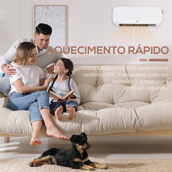 Aquecedor Cerâmico de Parede 1000W/2000W com Controle Remoto 3 Modos de Aquecimento Temporizador de 12h Termostato e Proteção contra Superaquecimento 45x18,6x11,5cm Branco