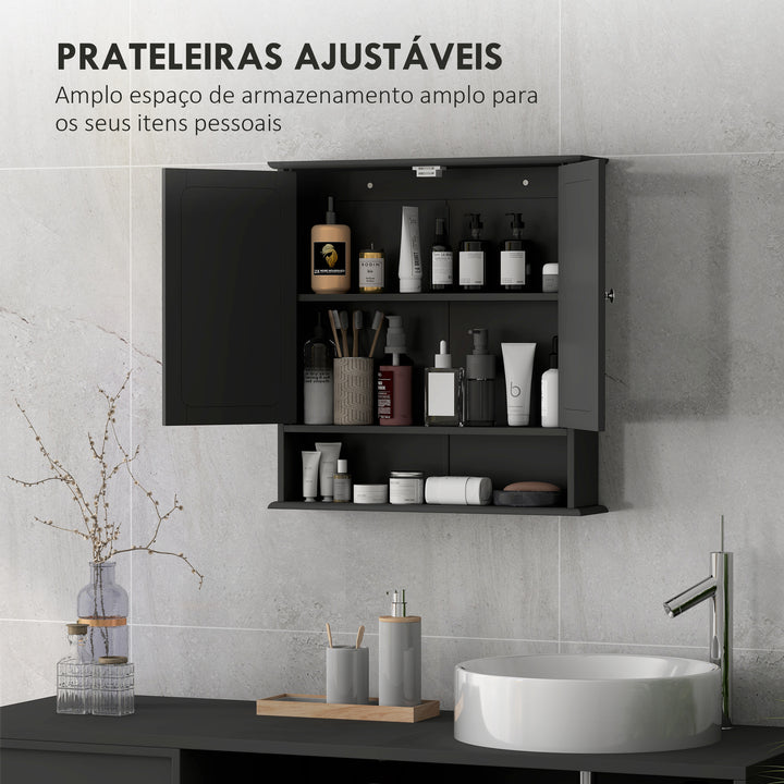 Armário de Casa de Banho com Espelho Armário de Parede com 2 Portas Prateleira Aberta e Ajustável Móvel Suspenso 56x13x58 cm Preto