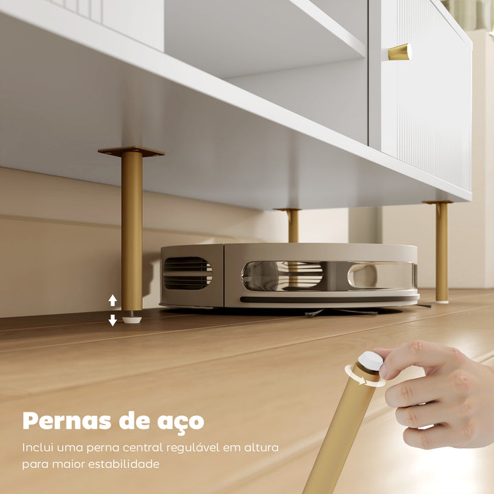 Móvel de TV Moderno de 2 Portas Móvel de TV para Sala com 2 Prateleiras Abertas Ajustáveis Orifícios para Cabos Pernas de Aço para Televisão 65 Polegadas 140x38x45,9 cm Branco