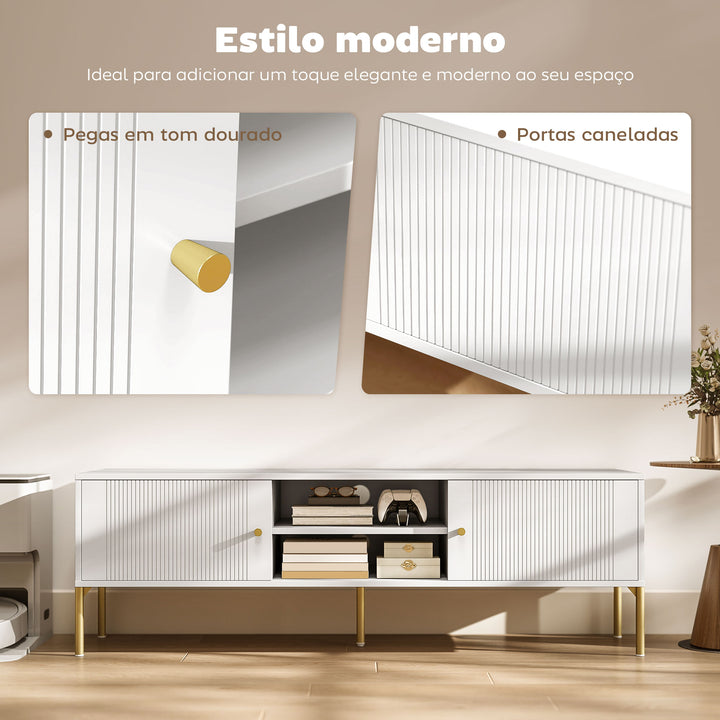 Móvel de TV Moderno de 2 Portas Móvel de TV para Sala com 2 Prateleiras Abertas Ajustáveis Orifícios para Cabos Pernas de Aço para Televisão 65 Polegadas 140x38x45,9 cm Branco