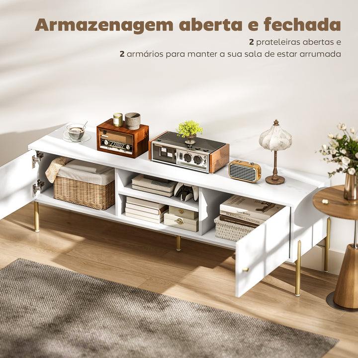 Móvel de TV Moderno de 2 Portas Móvel de TV para Sala com 2 Prateleiras Abertas Ajustáveis Orifícios para Cabos Pernas de Aço para Televisão 65 Polegadas 140x38x45,9 cm Branco