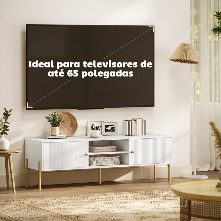 Móvel de TV Moderno de 2 Portas Móvel de TV para Sala com 2 Prateleiras Abertas Ajustáveis Orifícios para Cabos Pernas de Aço para Televisão 65 Polegadas 140x38x45,9 cm Branco