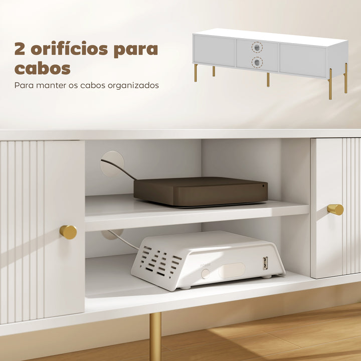 Móvel de TV Moderno de 2 Portas Móvel de TV para Sala com 2 Prateleiras Abertas Ajustáveis Orifícios para Cabos Pernas de Aço para Televisão 65 Polegadas 140x38x45,9 cm Branco