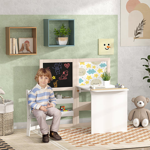 Mesa e Cadeira Infantil de 2 Peças Mesa para Crianças com Cadeira Ardósias Dobrável Mesa para Crianças acima de 3 Anos com Prateleiras Rolo de Papel para Dormitório Sala de Jogos Branco