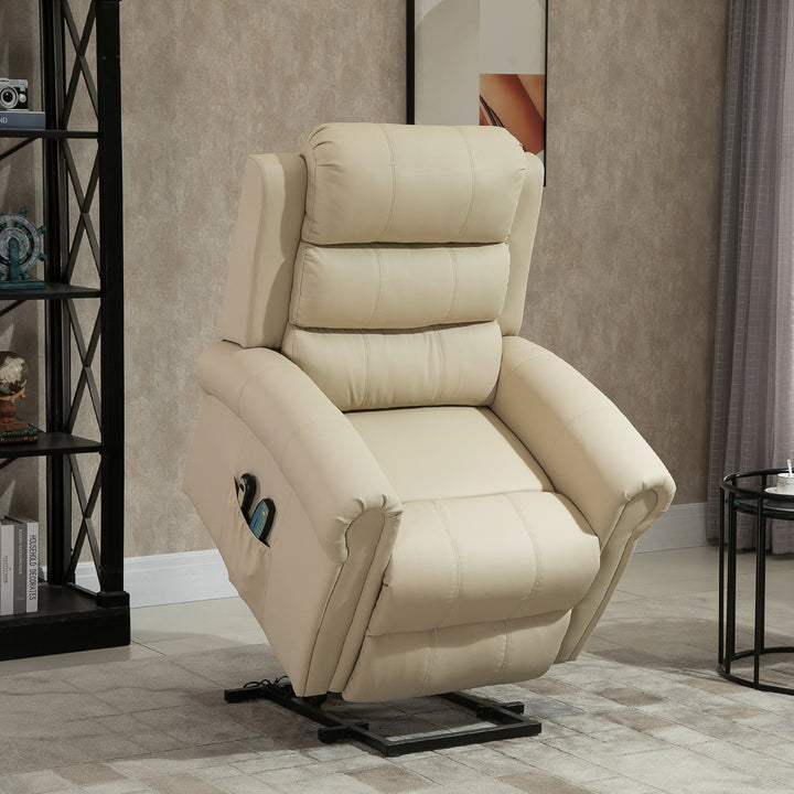 Poltrona Relax Reclinável Elétrica Levanta Pessoas com Massagem Vibratória e Aquecimento Poltrona Elevatória com Controlo Remoto Apoio para Pés Estofada em PU Bolsos Laterais 98x96x105 cm Creme