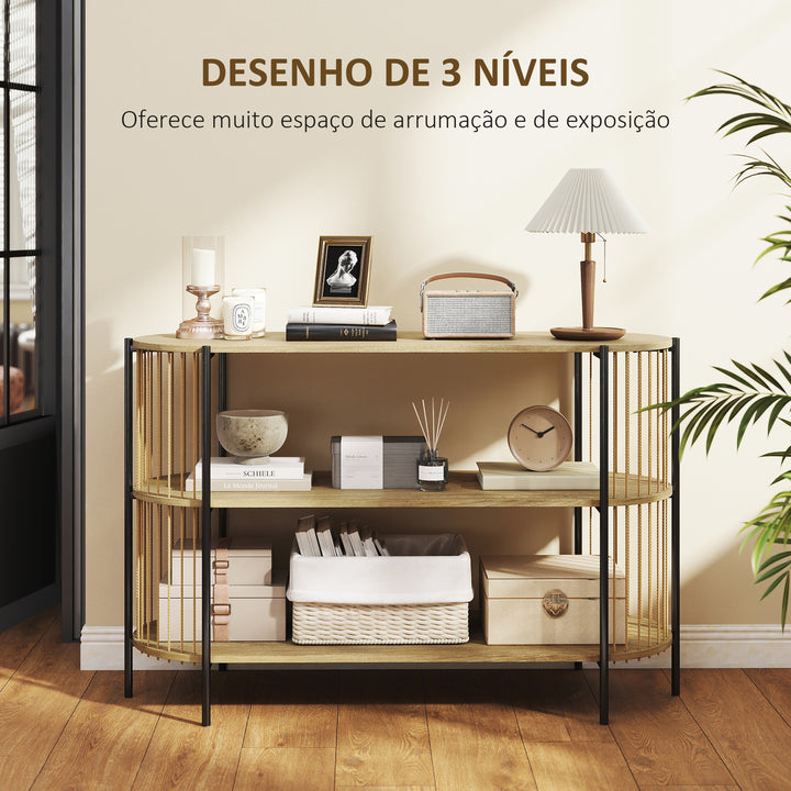 Mesa Consola com Corda de Papel Trançada à Mão Consola de Entrada de 3 Níveis com Estrutura de Aço Estilo Boémio para Entrada Sala de Estar 124x43,5x80 cm Madeira