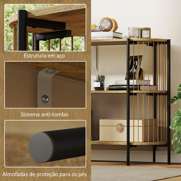 Mesa Consola com Corda de Papel Trançada à Mão Consola de Entrada de 3 Níveis com Estrutura de Aço Estilo Boémio para Entrada Sala de Estar 124x43,5x80 cm Madeira
