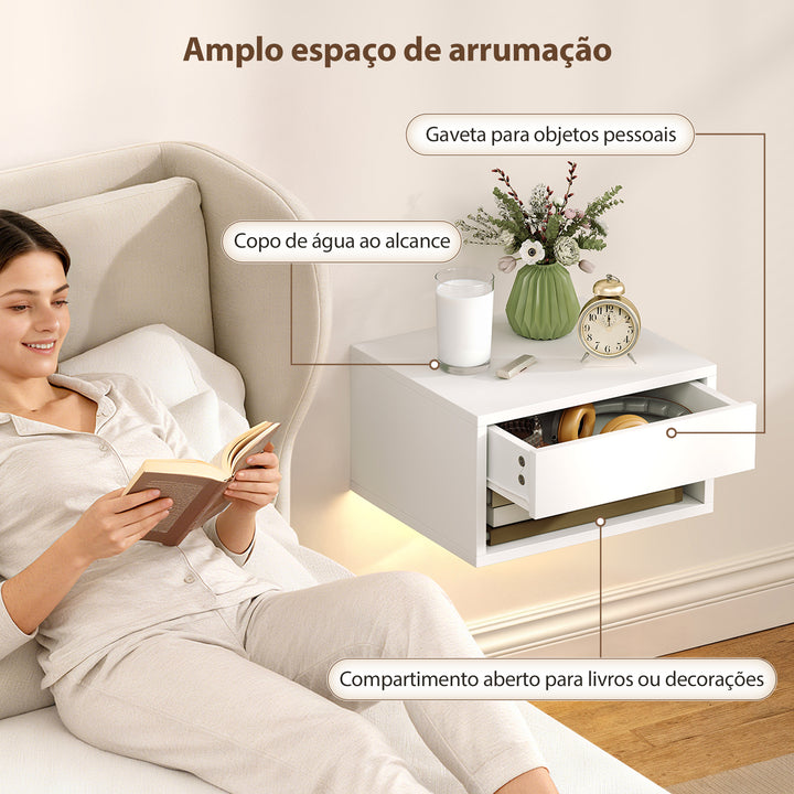 Conjunto de 2 Mesas de Cabeceira Flutuantes com Luzes LED RGB Controlo por APP Mesas de Cabeceira para Quarto com Gaveta Prateleira Aberta 37x32x21 cm Branco