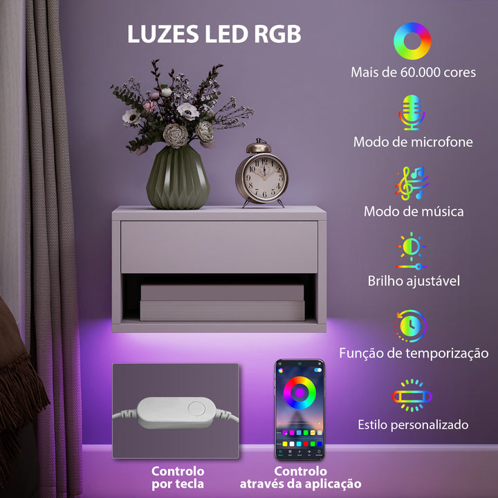 Conjunto de 2 Mesas de Cabeceira Flutuantes com Luzes LED RGB Controlo por APP Mesas de Cabeceira para Quarto com Gaveta Prateleira Aberta 37x32x21 cm Branco