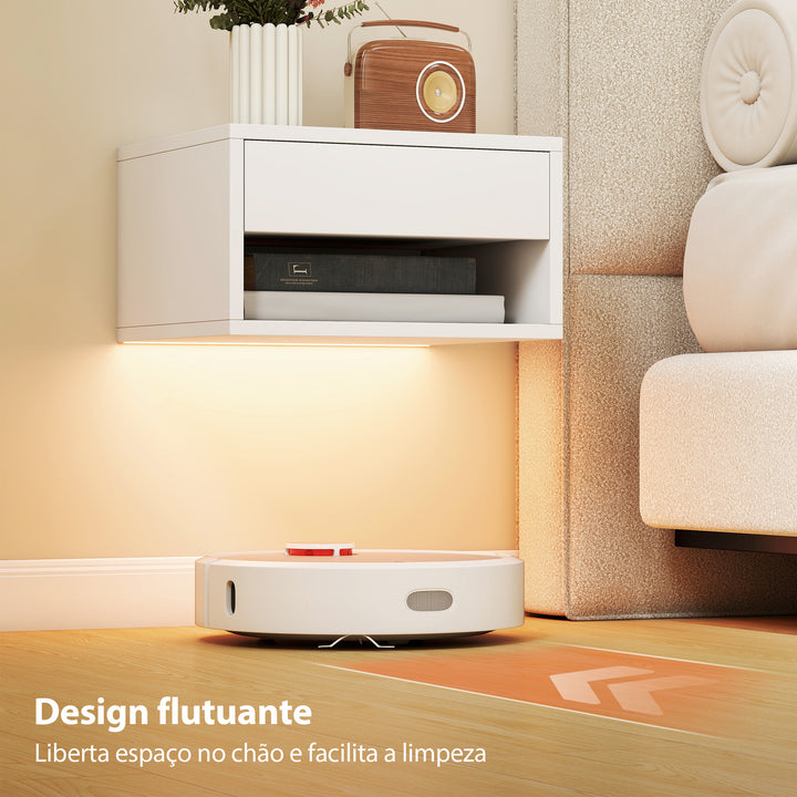Conjunto de 2 Mesas de Cabeceira Flutuantes com Luzes LED RGB Controlo por APP Mesas de Cabeceira para Quarto com Gaveta Prateleira Aberta 37x32x21 cm Branco