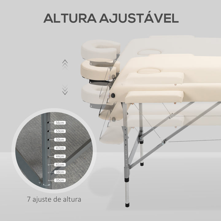 Marquesa Dobrável Mesa de Massagem Portátil com Altura Ajustável em 7 Posições Apoio para a Cabeça e Estrutura de Liga de Alumínio para Fisioterapia Carga 130kg 186x71x62-83cm Bege