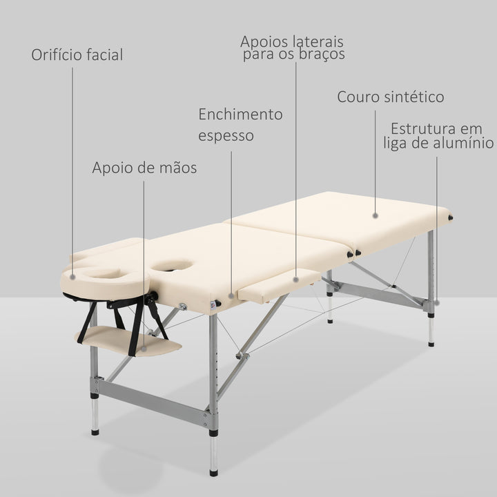 Marquesa Dobrável Mesa de Massagem Portátil com Altura Ajustável em 7 Posições Apoio para a Cabeça e Estrutura de Liga de Alumínio para Fisioterapia Carga 130kg 186x71x62-83cm Bege