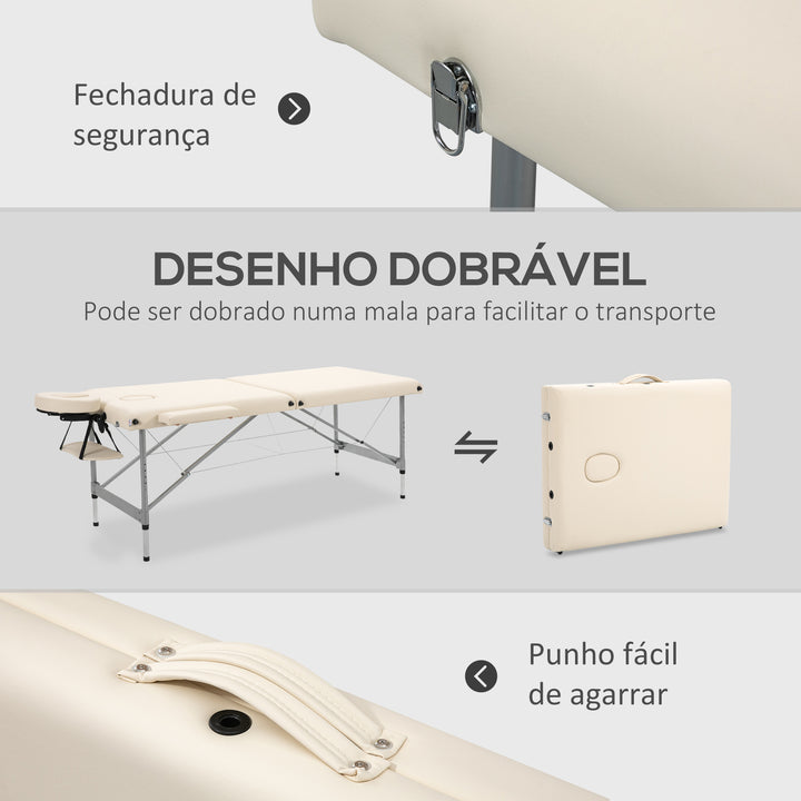 Marquesa Dobrável Mesa de Massagem Portátil com Altura Ajustável em 7 Posições Apoio para a Cabeça e Estrutura de Liga de Alumínio para Fisioterapia Carga 130kg 186x71x62-83cm Bege