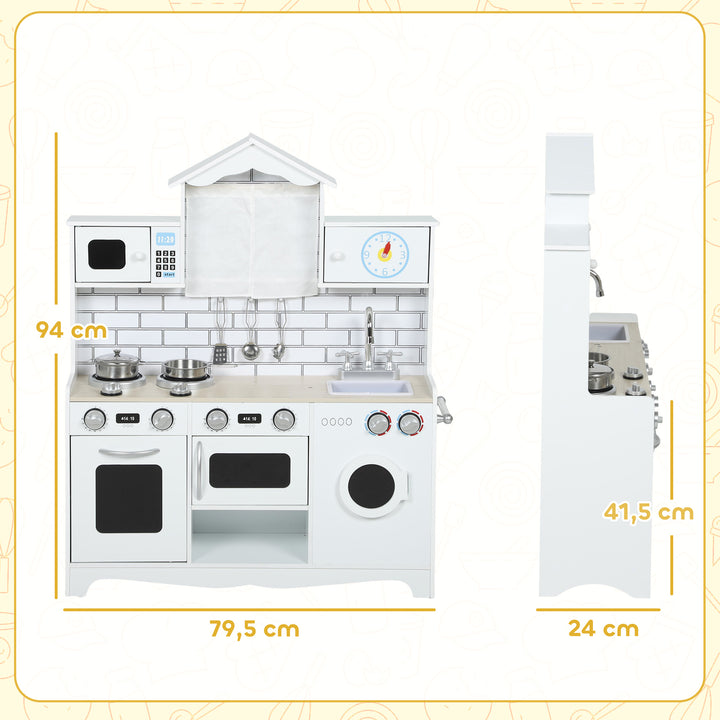 Cozinha de Madeira com Som e Cortinas Cozinha de Brincar Infantil com Acessórios em Aço Inoxidável, Máquina de Lavar Micro-ondas, Lava-Loiça para Crianças a partir dos 3 Anos 79,5x24x94 cm Branco