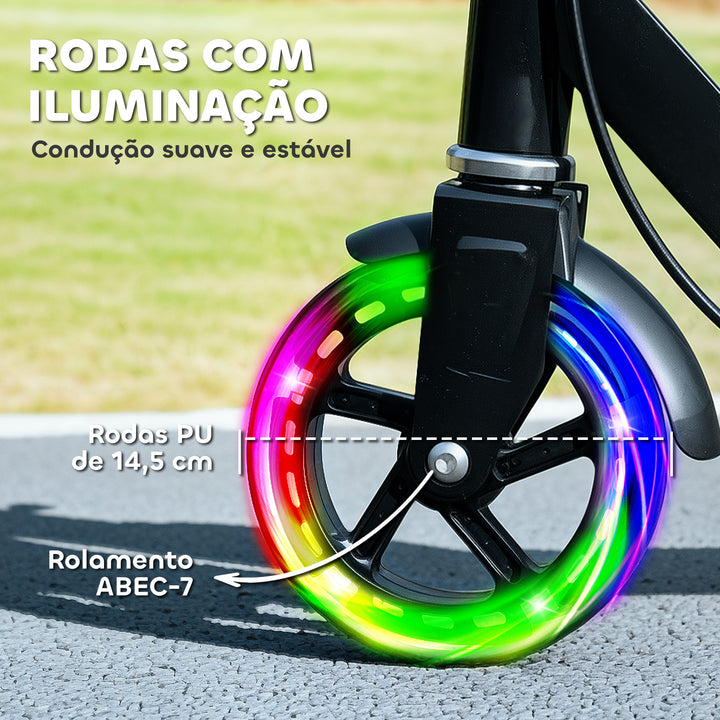 Trotinete Dobrável para Crianças de 3-8 Anos Trotinete Infantil de 2 Rodas com Luzes LED Guiador com 4 Alturas Ajustáveis Travão Traseiro e de Mão 73x36x73-89 cm Preto