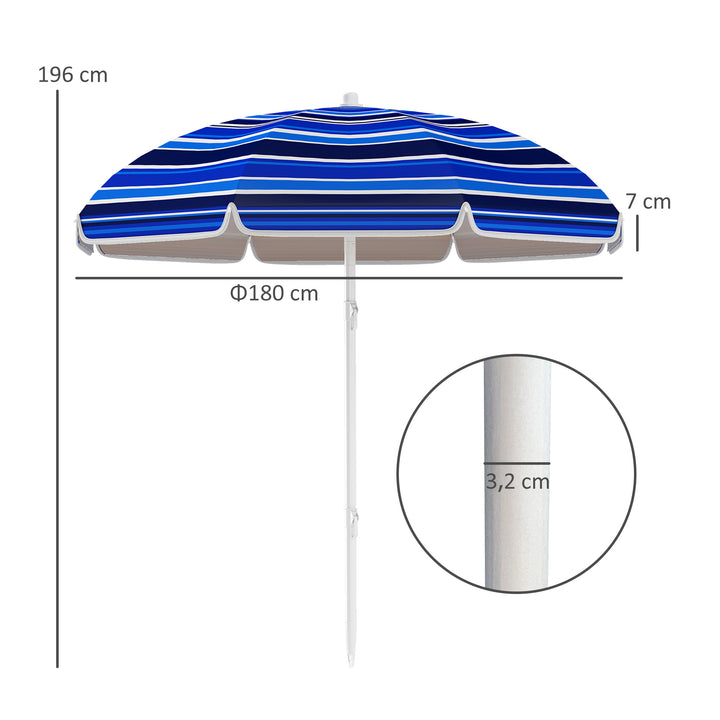 Chapéu de Sol Grande para Praia Ø180 cm Chapéu de Sol para Exterior Dobrável com Ângulo Ajustável Proteção UV50+ Impermeável Mastro de Ø32 mm Multicolor
