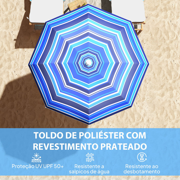 Chapéu de Sol Grande para Praia Ø180 cm Chapéu de Sol para Exterior Dobrável com Ângulo Ajustável Proteção UV50+ Impermeável Mastro de Ø32 mm Multicolor