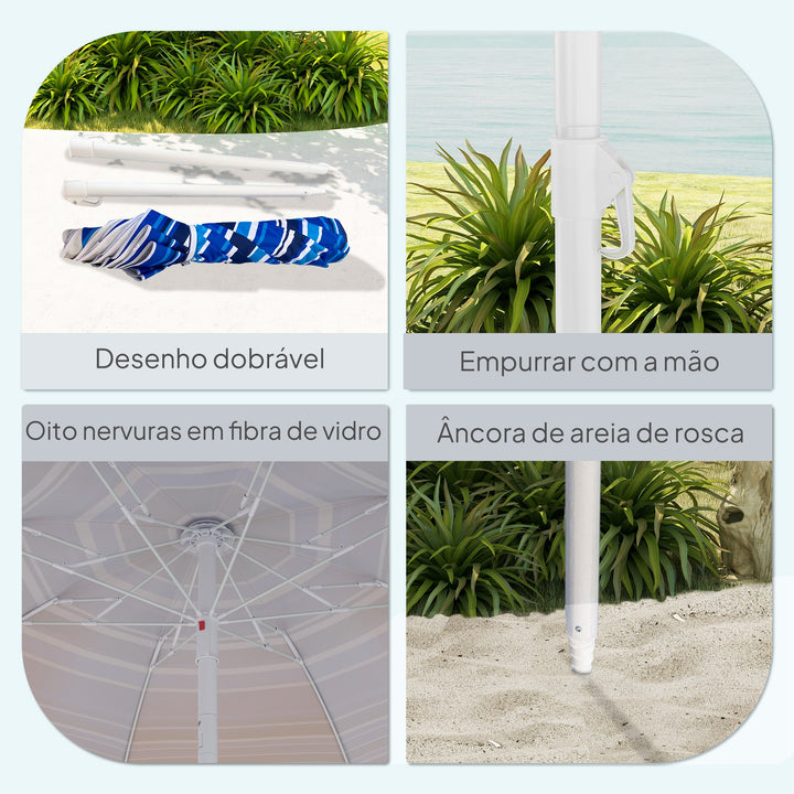 Chapéu de Sol Grande para Praia Ø180 cm Chapéu de Sol para Exterior Dobrável com Ângulo Ajustável Proteção UV50+ Impermeável Mastro de Ø32 mm Multicolor