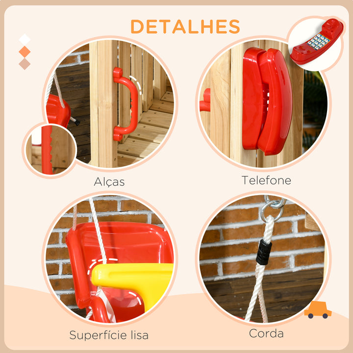 Conjunto de Escorrega e Baloiço para Crianças de 18-48 Meses 4 em 1 Parque Infantil de Madeira com Baloiço Escorrega Volante Buzina para Pátio Relvado 170x200x118 cm Vermelho e Natural