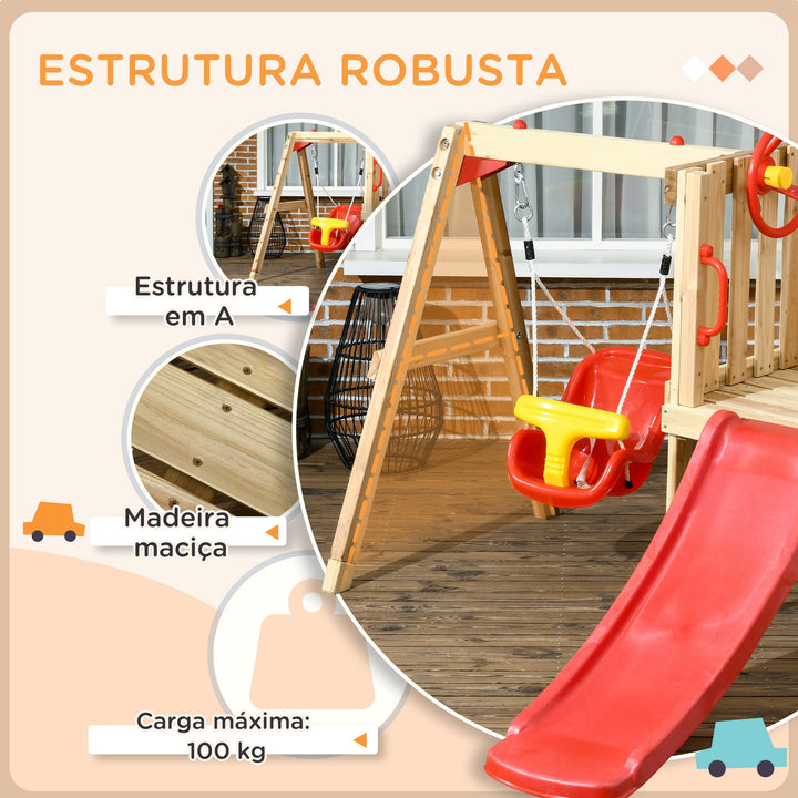 Conjunto de Escorrega e Baloiço para Crianças de 18-48 Meses 4 em 1 Parque Infantil de Madeira com Baloiço Escorrega Volante Buzina para Pátio Relvado 170x200x118 cm Vermelho e Natural