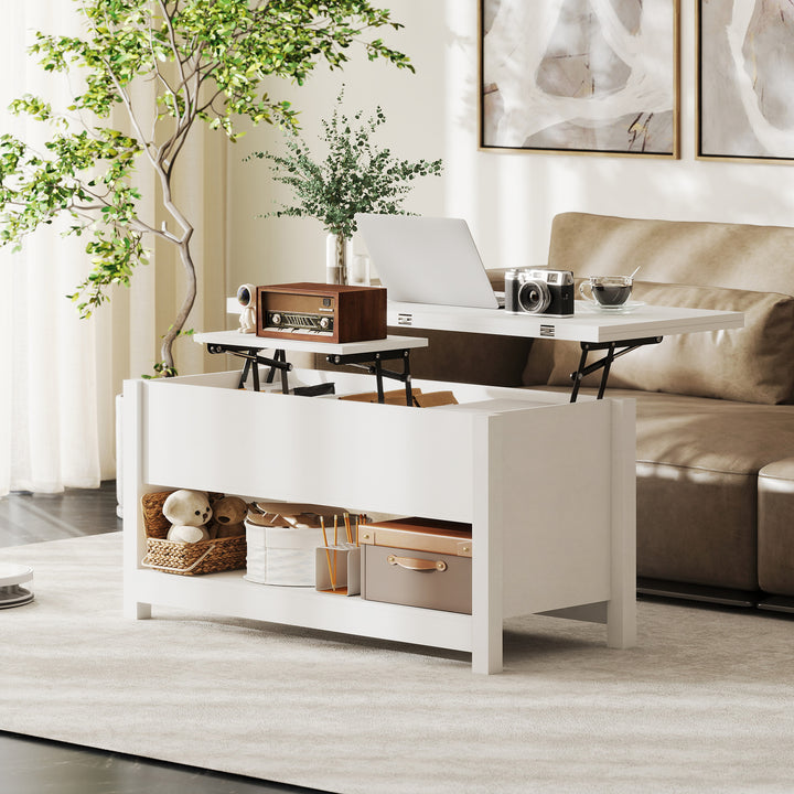 Mesa de Centro Elevatória e Extensível com Compartimentos Ocultos e Prateleira Aberta para Sala de Estar Escritório 100x90x64 cm Branco